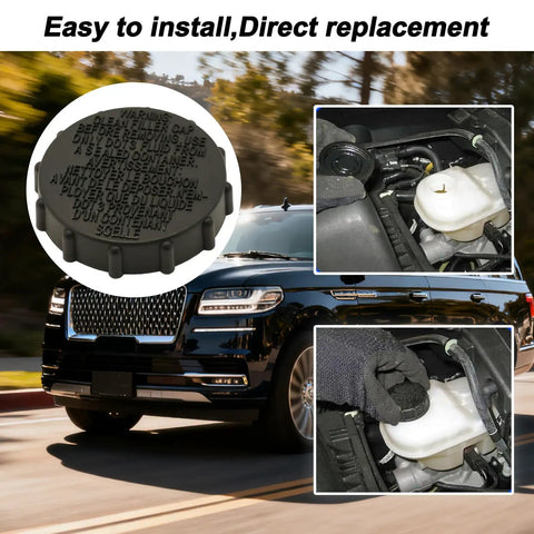 Brake Fluid Reservoir Cap Replacement For F150 Expedition Lincoln Navigator Master Cylinder Cap With Tight Seal And Easy Snap On Fit No Tools Needed OEM BRFC19 FL3Z2162A installed on SUV engine