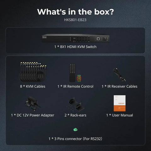 Top Shelf Heavy Duty 16 Port Hdmi Kvm Switch Rack Mount Console showing included 8 KVM cables and accessories in the box.