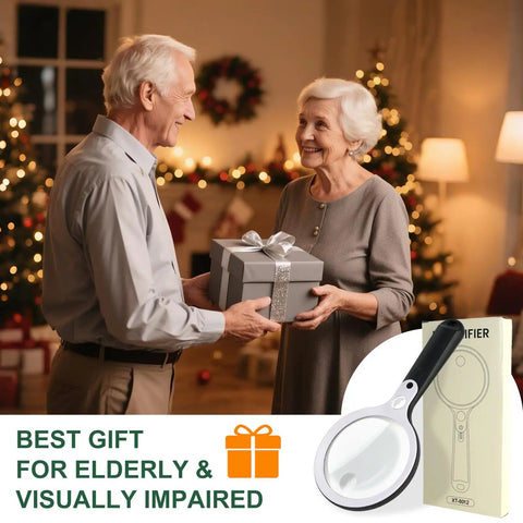 Elderly couple with Rechargeable Illuminated Handheld Magnifier With 48 LED Lights, gifting scene in holiday setting