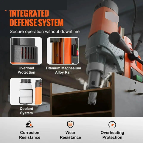 Heavy Duty 1450W Magnetic Drill Press With 2 Inch Boring Capacity And 12500/12800N Magnetic Pull, 800 RPM Portable Electric Mag Drill For Onsite Work, Safe Overload Protection And Durable Magnesium Guide Rails showing integrated defense system features.