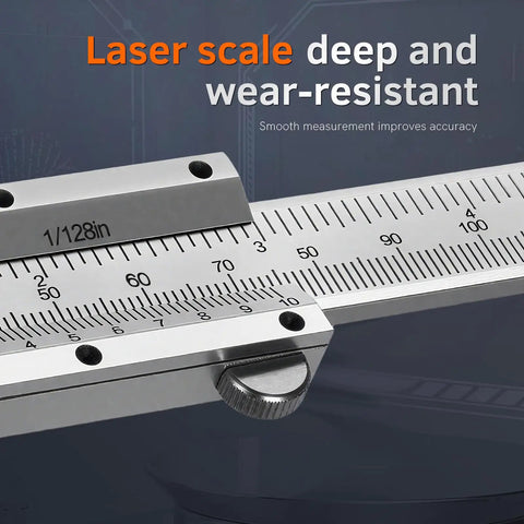 Close-up of Six Inch Vernier Caliper Measuring Tool With Dual Imperial And Metric Scale, Fractional Inch Readout, 1/128 in detail.