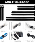 150 Piece Reusable Cable Ties Set With 4, 6, 8, 10 Inch Hook And Loop Straps, shown organizing various cables.