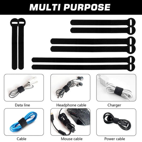 150 Piece Reusable Cable Ties Set With 4, 6, 8, 10 Inch Hook And Loop Straps, shown organizing various cables.