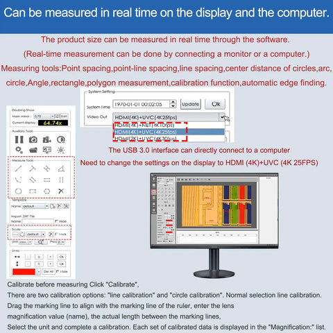 Bright And Dark Field Electron Metallographic Microscope With 4K HD Imaging Depth Fusion And Pro Grade Measurement Support HDMI LAN USB 3.0 Outputs Dual USB Ports For Mouse And PC Connectivity. Software measurement screen on monitor