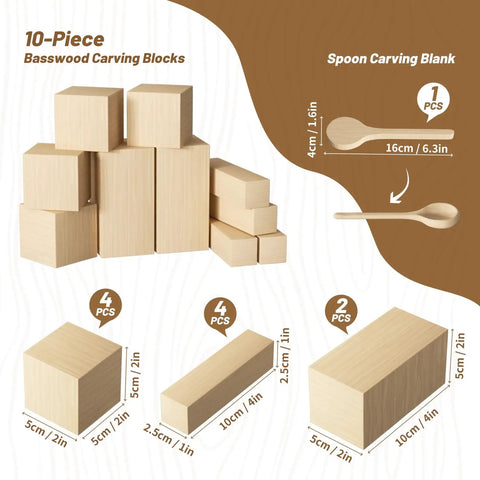 10-piece basswood blocks and spoon carving blank from All-In-One Wood Carving Kit For Beginners With 4 Carving Knives, 5 Detail Knives