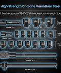 Diagram of Beefy 21 Piece Three Quarter Inch Drive Jumbo Impact Socket Set with detailed measurements of SAE CRV sockets and tools.