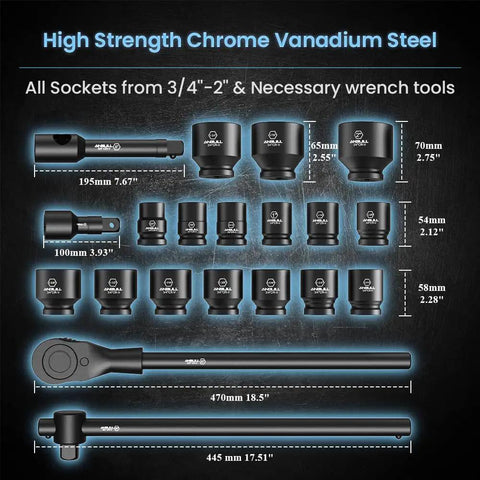 Diagram of Beefy 21 Piece Three Quarter Inch Drive Jumbo Impact Socket Set with detailed measurements of SAE CRV sockets and tools.