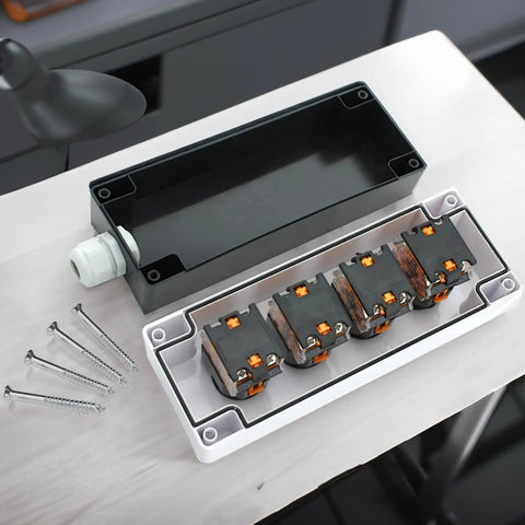22mm Control Station Box Set with internal wiring for red and green momentary push buttons and switches, disassembled view