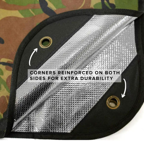 Heavy Duty Insulated Tarp For Outdoor Survival Reusable Thermal Blanket showing reinforced grommets and layers