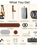 What you get with Heavy Duty Electric Drywall Sander With Vacuum Dust Collector: sander, extension rod, sandpaper, dust collection bag, safety gear.