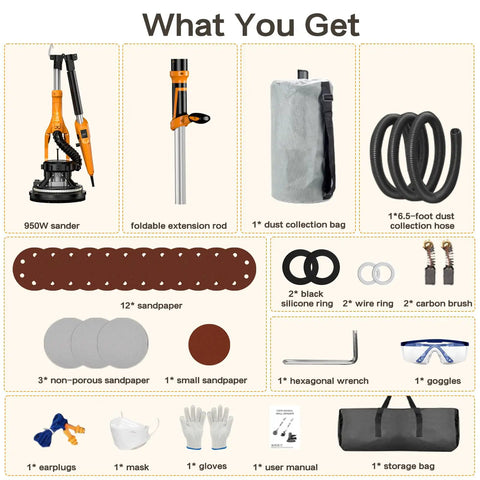 What you get with Heavy Duty Electric Drywall Sander With Vacuum Dust Collector: sander, extension rod, sandpaper, dust collection bag, safety gear.