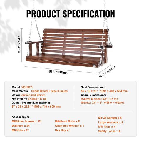 Wood Porch Swing 5.5Ft With Heavy Duty 880 Lb Capacity For Outdoor Patio Garden Hangout Built To Last Durable Fir Wood With Galvanized Chains Weatherproof Brown with product specifications.