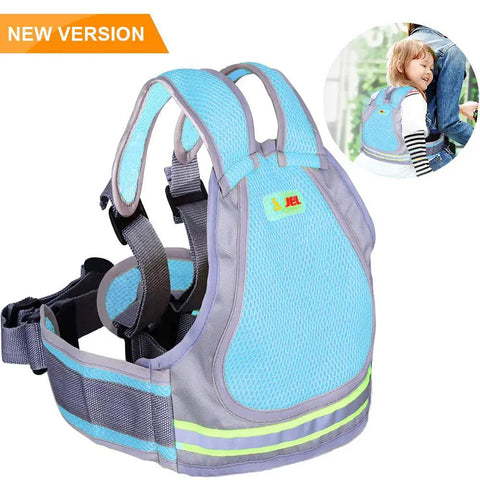 Kid Motorcycle Safety Harness With Reflective Strip And 4 In 1 Buckle For Front Or Back Ride No Fuss Breathable Material Adjustable Straps Night Visibility Secure Fit For Parents Who Want Easy Everyday Motorcycle Rides Blue shown in blue color with reflective strips and adjustable straps.