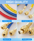 Three Piece Six Foot AC Manifold Hose Kit For R410A R134A R404A R22 With One Quarter SAE Female Flare, Four Layer Vacuum Hoses, Eight Hundred PSI Working Pressure, Pro Grade Heavy Duty Air Conditioning Charging Kit. 6ft rubber hoses with brass fittings
