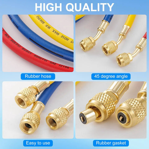 Three Piece Six Foot AC Manifold Hose Kit For R410A R134A R404A R22 With One Quarter SAE Female Flare, Four Layer Vacuum Hoses, Eight Hundred PSI Working Pressure, Pro Grade Heavy Duty Air Conditioning Charging Kit. 6ft rubber hoses with brass fittings