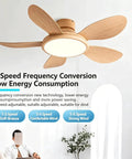 YPDJVLTI Ceiling Fans Lights 42-52Inch LED Ceiling Lamp with wooden blades and round acrylic shade, showing adjustable speed features.