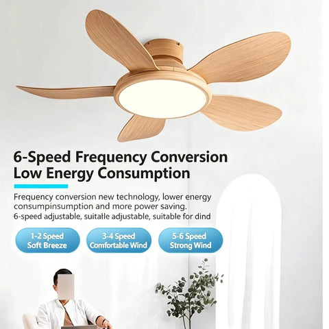 YPDJVLTI Ceiling Fans Lights 42-52Inch LED Ceiling Lamp with wooden blades and round acrylic shade, showing adjustable speed features.
