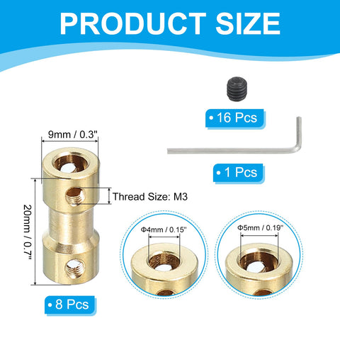 Brass Shaft Coupling 4mm To 5mm Kit With 8 Couplers 16 Screws And Spanner Rigid Sleeve Adapters for RC motors, dimensions shown.