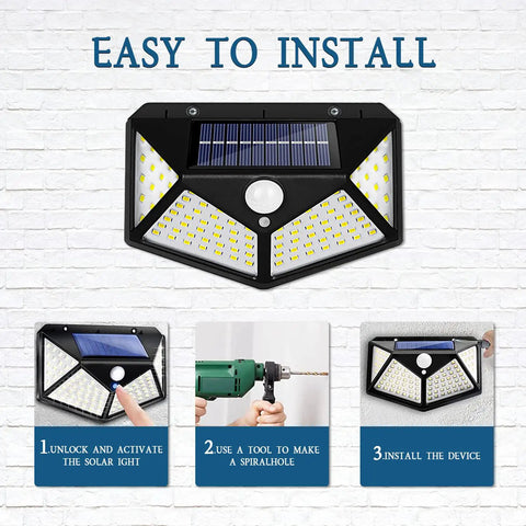 Ultra Bright Solar Motion Sensor Security Lights With 100 LED 3 Modes Wireless IP65 Waterproof Outdoor Lights Easy To Install Steps