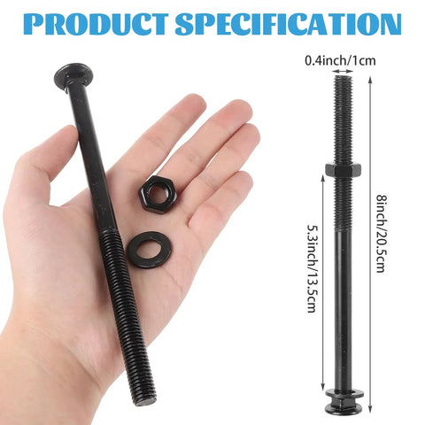 Hand holding Beefy Black Carriage Bolt Kit Heavy Duty One Half Inch Diameter Eight Inch Length Includes Twelve Bolts Twelve Washers Twelve Nuts Galvanized For Fastening Accessories And Woodworking Projects
