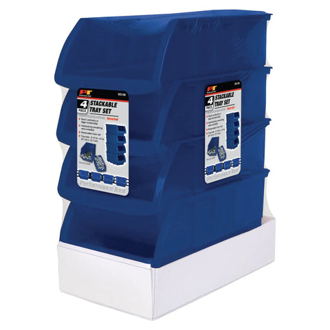 Big Stackable Storage Trays Set Of 4 Blue Adjustable Rails For Vertical Or Horizontal Organization Interlocking Rails Make A Neat Garage Shop And Tool Cabinet Setup
