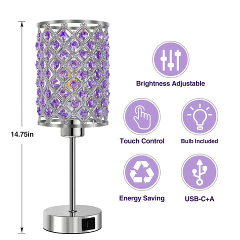 Touch Control Crystal Table Lamp Set Of 2 Black Nightstand Lamps With USB C And USB A Charging Ports, features and dimensions shown