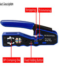 Pass Through Crimp Tool For Cat5e Cat6 Cat6a Ethernet 8P8C Modular Connectors showing stripping, trimming features