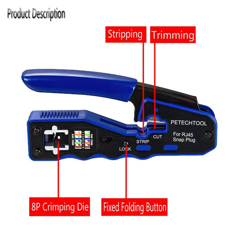 Pass Through Crimp Tool For Cat5e Cat6 Cat6a Ethernet 8P8C Modular Connectors showing stripping, trimming features