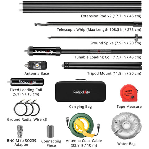 Portable 10 Band HF Antenna For Ham Radio On The Go Vertical Multiband 80m To 6m Antenna With 304 Stainless Connector Tripod And Ground Spike Great For HF Transceivers And POTA Activations components: extension rod, telescopic whip, ground spike, tunable loading coil, and more.