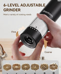 6-level adjustable grinder of Upgraded Electric Salt And Pepper Grinder Set With Dual Charging Base, Rechargeable Operation Eliminates Frequent Battery Replacement For Eco Friendly Convenience In Your Home Kitchen Setup Today.