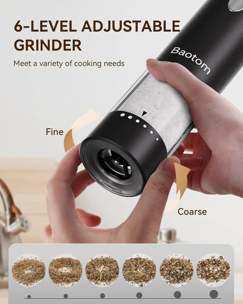6-level adjustable grinder of Upgraded Electric Salt And Pepper Grinder Set With Dual Charging Base, Rechargeable Operation Eliminates Frequent Battery Replacement For Eco Friendly Convenience In Your Home Kitchen Setup Today.