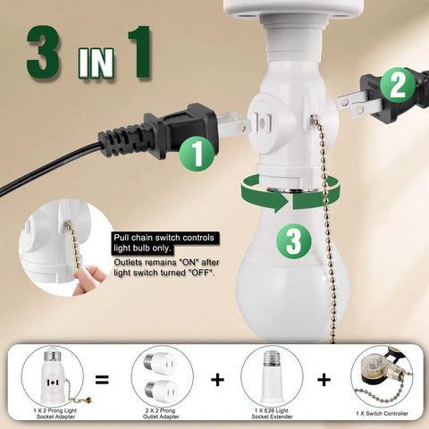 Two Outlet E26 Socket Adapter Set With Pull Chain Switch Converts Medium Screw Socket To Dual Outlets UL Listed shown in use