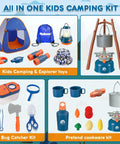 Kids Camping Set With Pop Up Tent And Outdoor Gear For Pretend Play Adventures includes toy tent, lantern, binoculars, cookware.