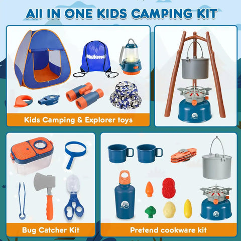 Kids Camping Set With Pop Up Tent And Outdoor Gear For Pretend Play Adventures includes toy tent, lantern, binoculars, cookware.