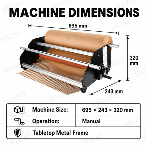 Manual Honeycomb Paper Dispenser Featuring A Smooth Crank Handle For Hassle Free Kraft Cushion Wrap And Compact Tabletop Packing Station To Keep Fragile Goods Totally Secure, with dimensions 695x243x320mm.