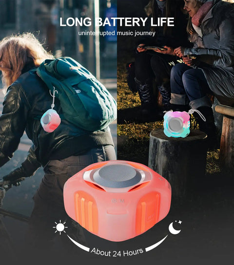 Shower Bluetooth Speaker Waterproof IPX7 With Floating Design And LED Light shown with glowing LED, attached to backpack