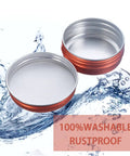 Bulk 270 Pcs 1 Oz 30ml Aluminum Tin Jars With Screw Top Lids And Blank Labels For Cosmetics Crafts Or Travel Grab And Go Durable Round Cans 2.1 Inch Diameter By 0.78 Inch Depth Orange Finish open and empty with water splash.
