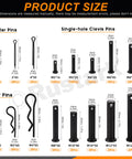 Assorted 100 Piece Pin Fastener Kit with Cotter Pins R Clips Clevis Pins Hair Pins and Hitch Pins in 16 Sizes M2 through M12 Zinc Plated Black Finish Ideal for Automotive and Mechanical Projects. Size chart for cotter pins, clevis pins, and hair pins.