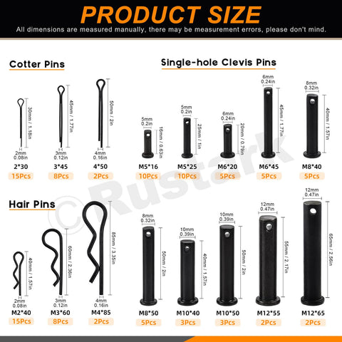 Assorted 100 Piece Pin Fastener Kit with Cotter Pins R Clips Clevis Pins Hair Pins and Hitch Pins in 16 Sizes M2 through M12 Zinc Plated Black Finish Ideal for Automotive and Mechanical Projects. Size chart for cotter pins, clevis pins, and hair pins.