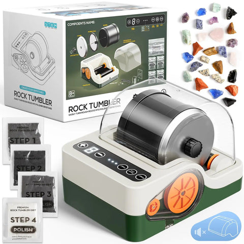 Ultra Quiet Rock Tumbler Kit With Noise Reduction Cover, 3 Speed Rock Polisher, 9 Day Timer, stones and polish packets visible