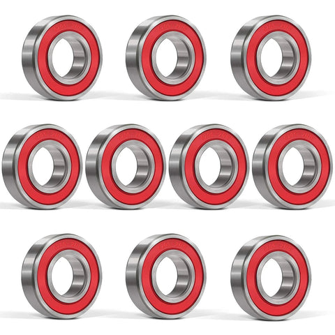 Ten-pack of 6205 2RS deep groove bearings with red rubber seals for stable, pre-lubricated performance in various applications.