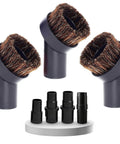 3 Pack 1.25 Inch Horsehair Vacuum Brush Attachments with adapters for furniture, blinds, baseboards, and car interiors displayed.