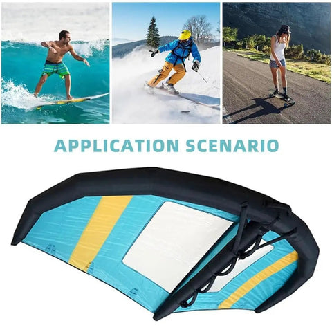 Inflatable Windsurf Wing With Window For Kitesurfing And Windsurfing, Durable 6m2 Canopy displayed with surf, snow, and road scenarios