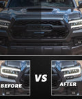 Comparison of Toyota Tacoma before and after installation of White And Amber Switchback LED Front Side Marker Headlight.