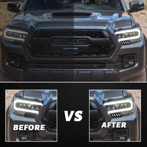 Comparison of Toyota Tacoma before and after installation of White And Amber Switchback LED Front Side Marker Headlight.