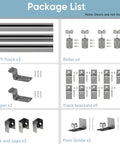 14 Ft Heavy Duty Box Rail Exterior Barn Door Hardware Kit For Two Doors Sliding Track System Outdoor Use With Anti Corrosion Finish, Doors Not Included, 450 Lb Capacity, Silver Weather Resistant For All Seasons package contents shown in grid layout including tracks, rollers, stoppers, track brackets, end caps, and floor guide.