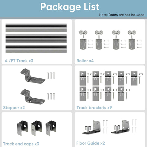 14 Ft Heavy Duty Box Rail Exterior Barn Door Hardware Kit For Two Doors Sliding Track System Outdoor Use With Anti Corrosion Finish, Doors Not Included, 450 Lb Capacity, Silver Weather Resistant For All Seasons package contents shown in grid layout including tracks, rollers, stoppers, track brackets, end caps, and floor guide.