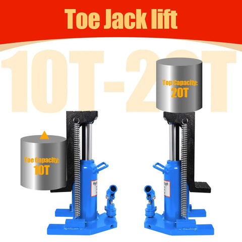 Heavy Duty Hydraulic Toe Jack Heavy Hitter Machine Lift Built Like A Tank With Heat Treated Steel 20 Ton Capacity shown with 10T-20T capabilities.