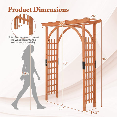 Product dimensions of Wood Garden Arbor Archway Pergola 84 Inch Outdoor Structure with decorative trellis and hanging roof.