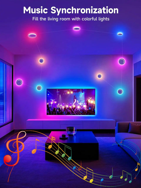 Smart 9 Piece LED DIY Constellation Light Kit With RGB Color Changing, Music Sync, illuminating a living room with vibrant colors